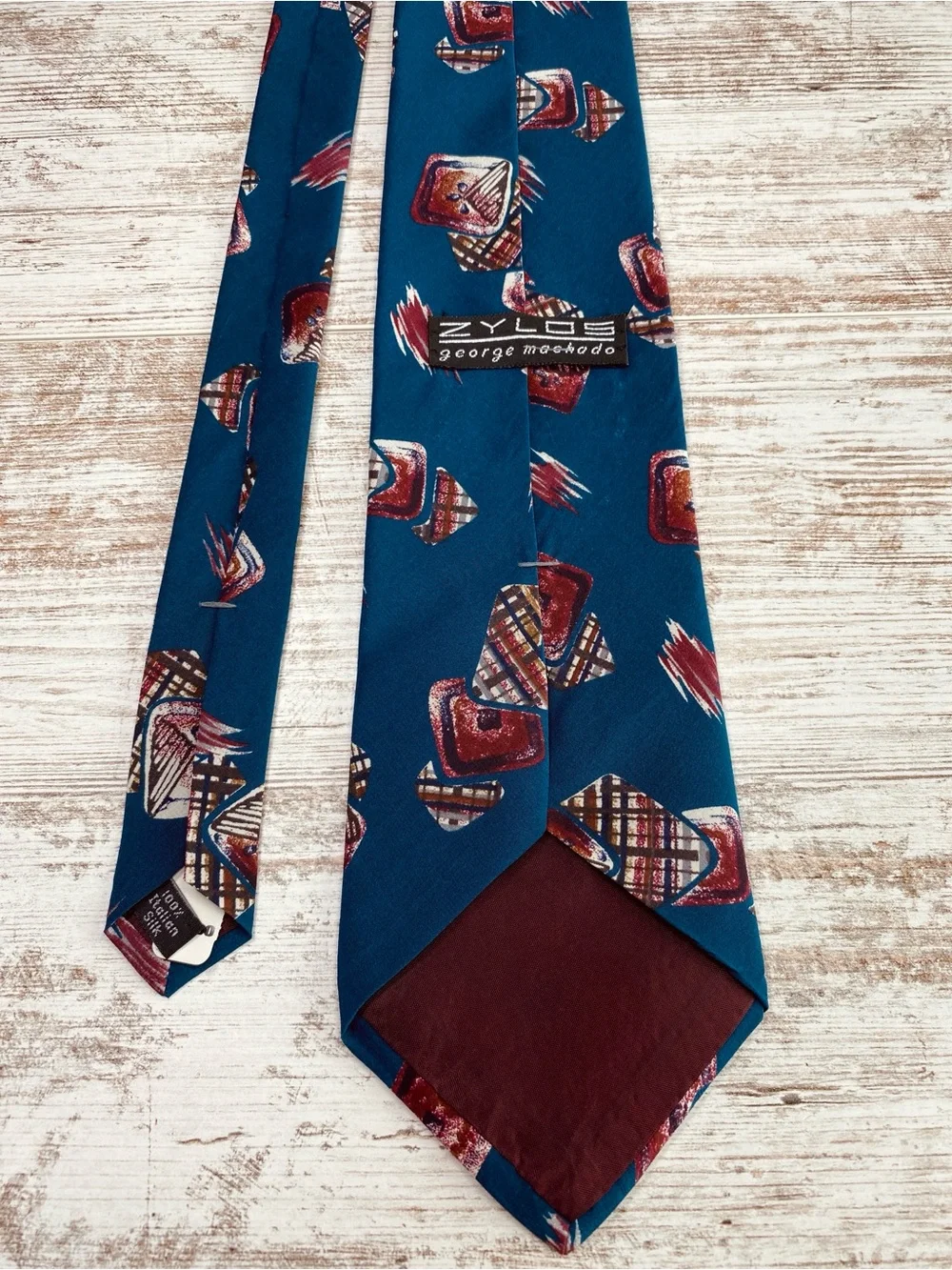 Zylos Classic Teal Geometric Pattern Men's Tie Italian Silk Made USA